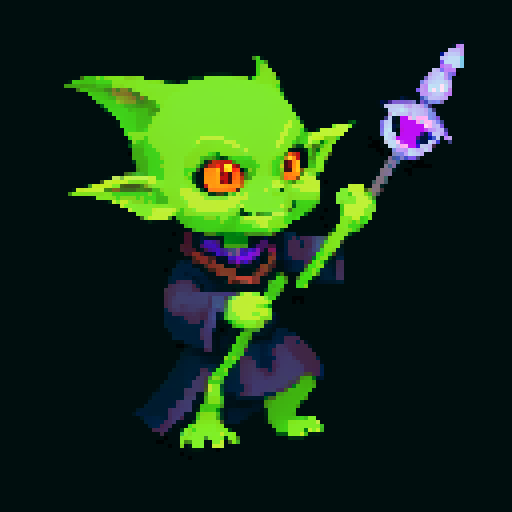 A dark and powerful goblin with arcane symbols, a mystical staff, and an aura of dark magic. It has glowing eyes and a sinister expression, capable of casting powerful spells. No background.
