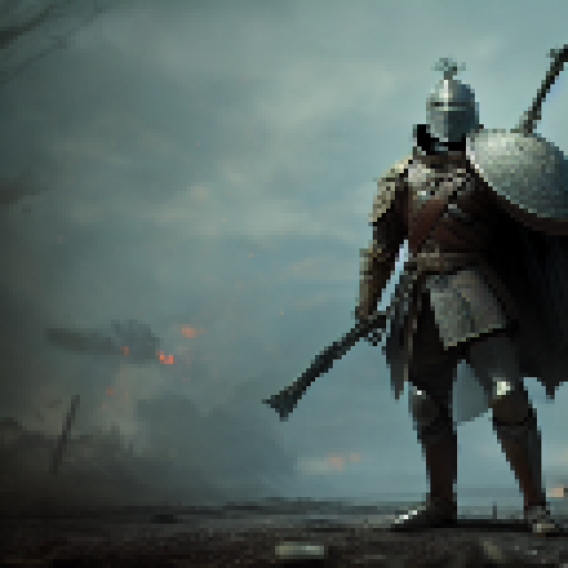 knight with discipline and honor standing surrounded by enemies but still standing his ground bleeding determined