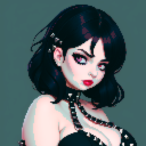 curvy, busty cute goth babe with studded collar, big titty goth wearing halter top, close up turned head glamour shot, pixel art, sRGB