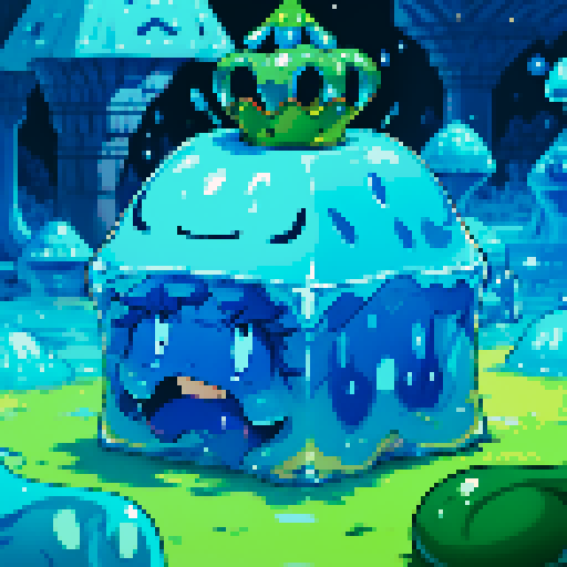 Blue Slime cube, Gelatinous cube, wearing crown, giant Slime, boss fight