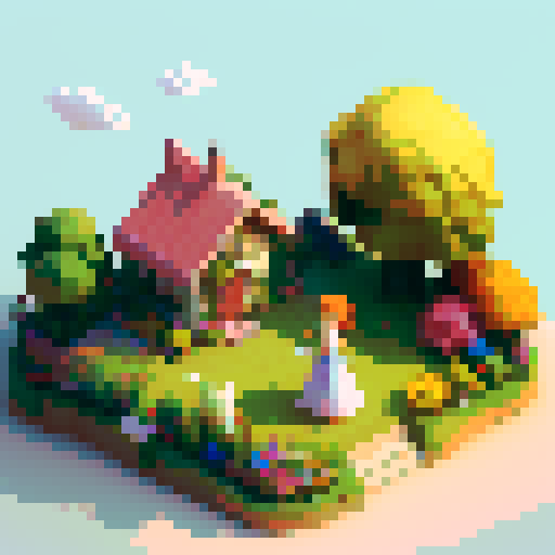 isometric 3D girl, vibrant flowers, flowing hair, quaint cottage, blue sky, puffy clouds, rolling hills, lush grass, dainty dress, smiling face, delicate features, gentle breeze, colorful butterfly