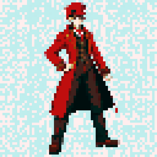 steampunk young man, red coat, red hat, 2D game stance, pixel art, sRGB