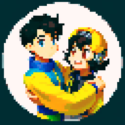Two males, mecha pilot with pilot cap and gray eyes smiling, arm draped over male with short curly black hair, smiling with tired eyes, pixel art, sRGB