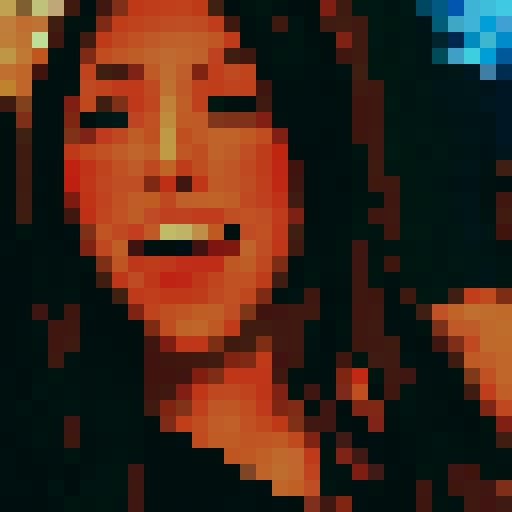 Pixelated anime girl with fluffy cat ears, neon lights reflecting off her shiny black hair, playful pose with mischievous eyes, surrounded by a rainbow of vibrant colors in pixel art style