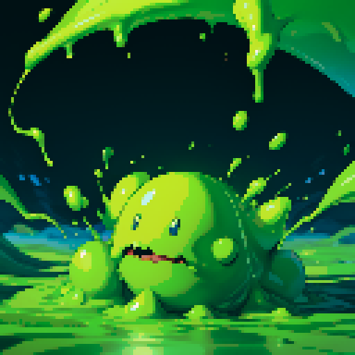 slime surging up around someone, slime engulfing a hero, slime consuming a hero, hero getting engulfed by slime, slime attack, dynamic, slime slamming into someone, impact, splashing slime, full-body image, full-body art