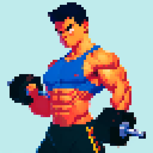 Muscular figure, intense expression, sweat dripping, bulging biceps, lifting heavy weights, vibrant colors, sharp lines, pixelated details, sRGB color profile
