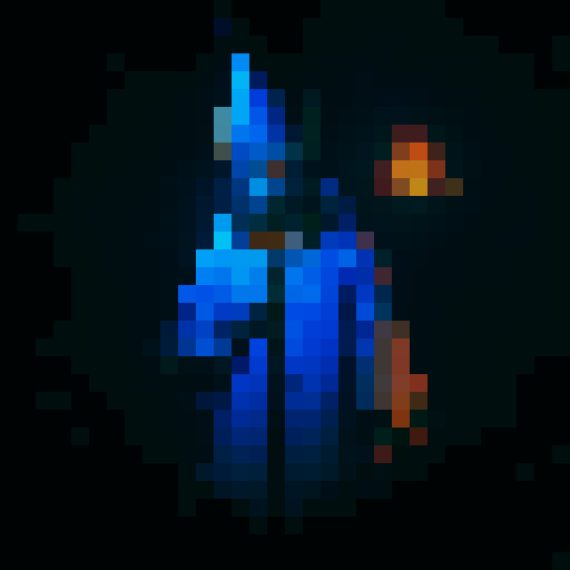 wizard with blue robes, blue wizard hat, brown staff, golden necklace with sun pendant, fantasy RPG
