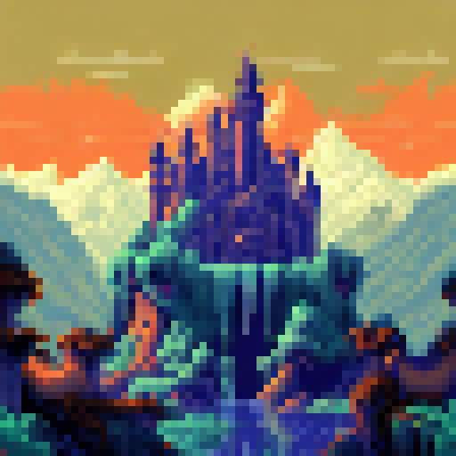 Gothic castle looming over misty mountains, surrounded by lush forests and cascading waterfalls, with a moat filled with shimmering blue water and a grand entrance adorned with golden gates