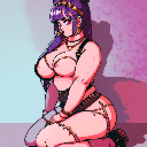 Thicc, curvy, busty goth babe with studded collar, long purple hair in buns, fishnet stockings, studded halter top, in kneeling pose for photo. sRGB