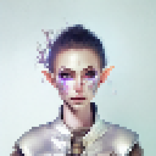 Create a portrait photo of a fierce elf warrior with long, piercing green eyes, standing proudly in front of a mystical forest backdrop, wielding a glimmering silver sword and wearing intricately designed leather armor that's adorned with glowing blue gems, all in the style of a classic fantasy RPG game.