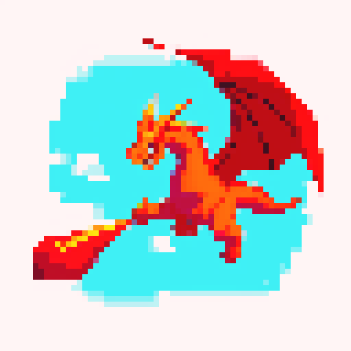 A fire breathing dragon breathing fire downwards while flying in the air, white background