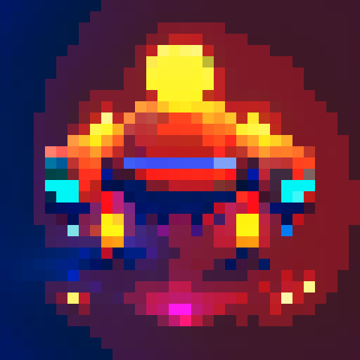 red alien spaceship, retro arcade, vibrant colors, blocky pixels, glowing lights, futuristic design, extraterrestrial technology, metallic sheen, angular shapes, low resolution, nostalgic aesthetic