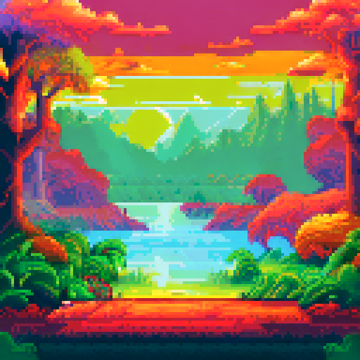 pixel art of a serene landscape of trees and water, and a sunrise with the sun clearly visible in the middle. Bright scene. Foliage and flowers in the forefront. use of simple primary colors of red blue yellow and green