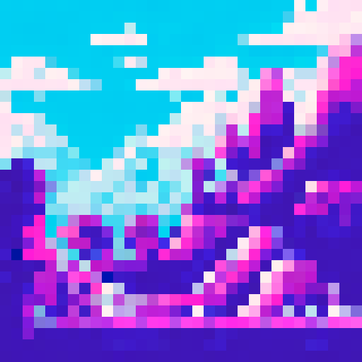 Stylized P, pixel art, sRGB, Permafrost RPG, icy landscape, snowy mountains, frozen trees, shimmering aurora, vibrant colors, magical crystals, immersive background