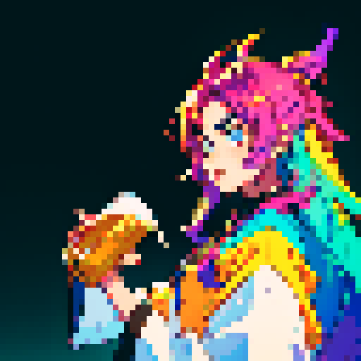 handsome, long-haired guy, vibrant colors, detailed pixel art, sRGB, beer