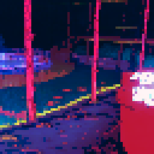 Abandoned, rusted swings sway in the eerie moonlight of a pixelated playground, while a lone teddy bear sits on the cracked pavement, its button eyes staring into the darkness where a pair of glowing red eyes lurk hungrily