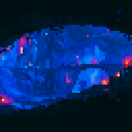 cave entrance, underwater city, vibrant colors, shimmering water, detailed pixel art, sRGB