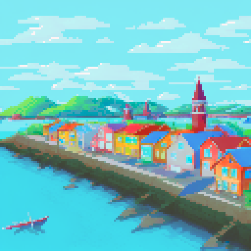 Island port town, have the whole town visable in the image. make it usebale as a tile set for my rpg game. make sure its a lively city. Midevial style houses. middle class not fancy houses but not poor
