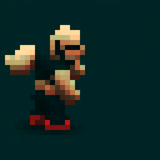 The back of a streeth fighter in a black shirt an black shorts. strong wide boddy, short arms, short legs