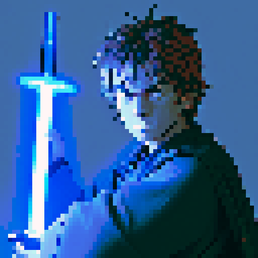 Jedi knight with blue light saber. He controls heavy stones with his jedi power. those stones are behind him.