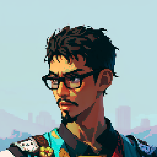 Southeast Asian man, short curly hair, round glasses, tanned, goatee
