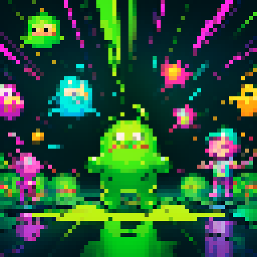 pixel art, sRGB, floor covered in neon green goo, colorful blobs oozing from the cracks, retro arcade game characters trying to avoid the sticky mess, vibrant glowing trails left behind by the goo, 8-bit style pixelation highlighting the slimy texture