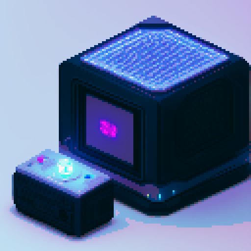 futuristic 4 tier lootbox, glowing buttons, silver box center, intricate details, pixel art style, sRGB