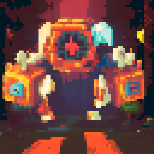 A towering wubbox emits a vibrant, rainbow-colored aura amidst a lush, forested landscape rendered in a retro, 8-bit pixel art style with a sRGB color scheme