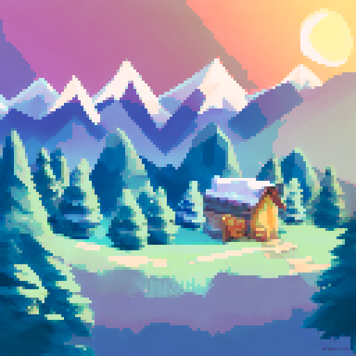 Snowy mountains in the background with pine forest in the foreground. Nightsky with shooting stars. campfire in the pine forest.