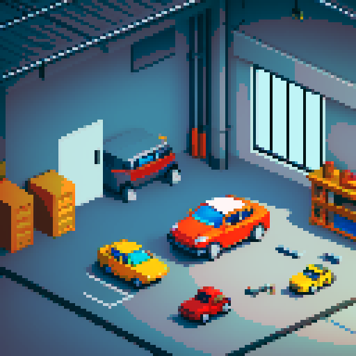 Large garage with cars, gray, asphalt, table, tools, car parts, 3d pixel art