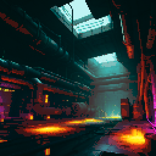 A toxic, industrial battleground viewed from inside, with the perspective angled slightly upward to show depth. The foreground features a corroded metallic floor, providing space for characters to stand, while glowing pinkish-purple toxic pools are set further back, surrounded by rusted machinery and leaking pipes. The background displays industrial walls with flickering lights, framing the scene and giving a sense of enclosure.