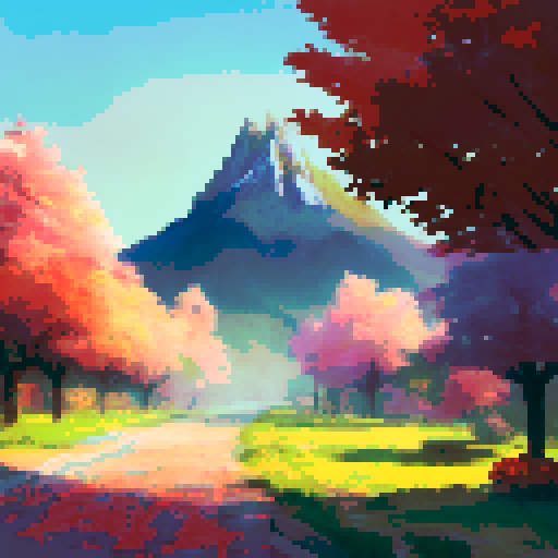 mountain view with vibrant fall leaves, majestic castle in the distance, serene blue sky adorned with soft pink clouds, and a captivating sunset, all beautifully captured in a landscape portrait style