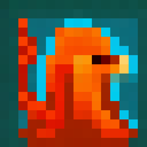 "Pixelated Flame Fox with rainbow hues, fiery aura, and piercing eyes depicted in a 16x16 pixelated portrait."