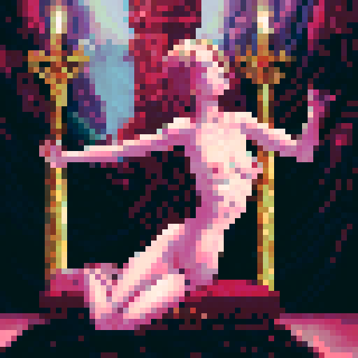 Nude goddess with golden hair and piercing eyes, sits regally with her legs spread wide on a jagged crystal throne amidst a following of her servats while commands a submisive servant to worship her with oral adornation, her curvaceous form demanding worship from a kneeling servant while others gaze hungrily