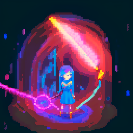  Mage anime girl with flowing hair, fluorescent tattoos, and a glowing staff,  floating in her evil lair