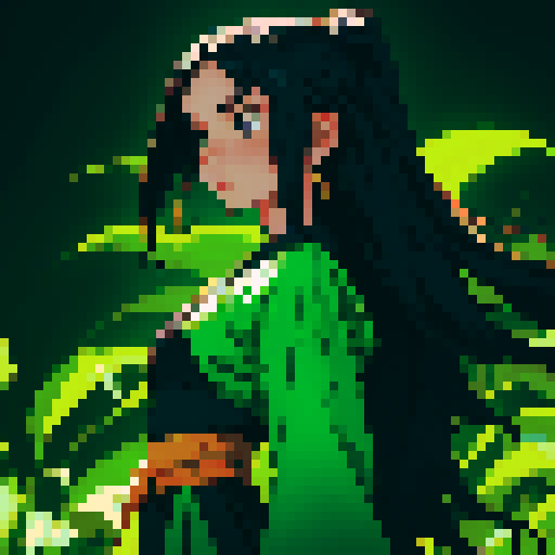 Young woman, black hair, long hair, green costume, Thai costume, open shoulder costume, night time, banana forest background, dark background