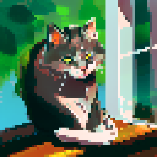 dark grey cat sitting on a window with its tail down, green eyes, garden outside window, sunset, landscape portrait