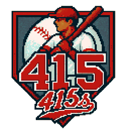 Pixel art of a fictional baseball team called the 415's. It is a reference to the area code. Red, white and gray, sharp outlines, and soft pixel shading. The logo design mimics 80s MLB logos. Use a vibrant Sega Genesis 16-bit style with selective dithering, geometric forms, and nostalgic retro charm. Avoid modern gradients—keep it pure pixel art.