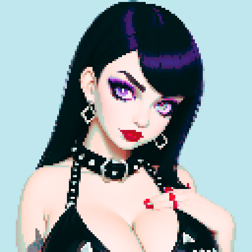 Cat girl, curvy, cute goth woman with black hair, purple eyeshadow, and red lipstick, wearing a bikini, studded collar, portrait, face avatar, in a glamour shot, sRGB color