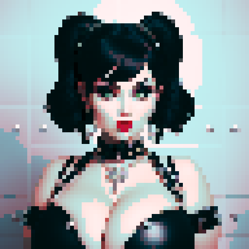 curvy, busty goth babe with studded collar. Full head portrait. big titty goth, in a close up glamour shot. Wearing Halter top. modern tile backsplash.