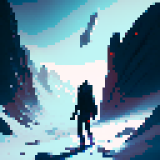 Minimalist, with bold lines and contrasting colors. 

        "Climbing the steep mountain, the minimalist adventurer fearlessly ascends, their sleek black gear contrasting against the stark white snow."