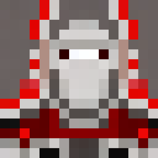 Cracked white mask with black hole eyes, dark red open jacket with light grey strings, light grey shirt under, and black shoes in a game icon close-up portrait with a pixel art style.