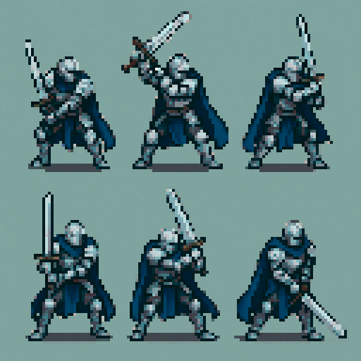 Knight in full armor (silver-gray armor + deep blue cape) wielding a large sword in a fluid motion, broken down into 8 frames: drawing sword, raising above head, preparing to strike, downward strike, then sheathing sword