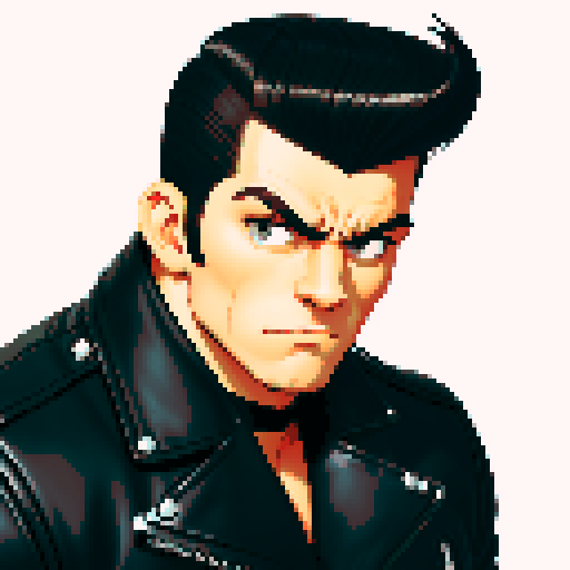 Muscular, tough greaser man with a pompadour hairstyle, wearing a motorcycle jacket, pixel art, sRGB colors, portrait, face avatar