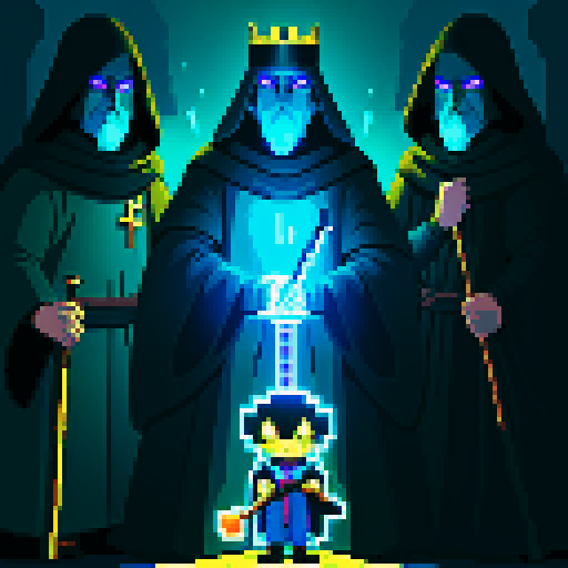 three men, archmage and his apprentices , magic staff, light at the archmage, dark place, king with staff, glowing eyes, eyes darken
