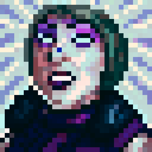 Ugly transgender with striking purple hair and heavy eyeliner, depicted in 32x32 pixel art style as a game icon, showcasing their skillful close-up portrait with a bold and confident expression