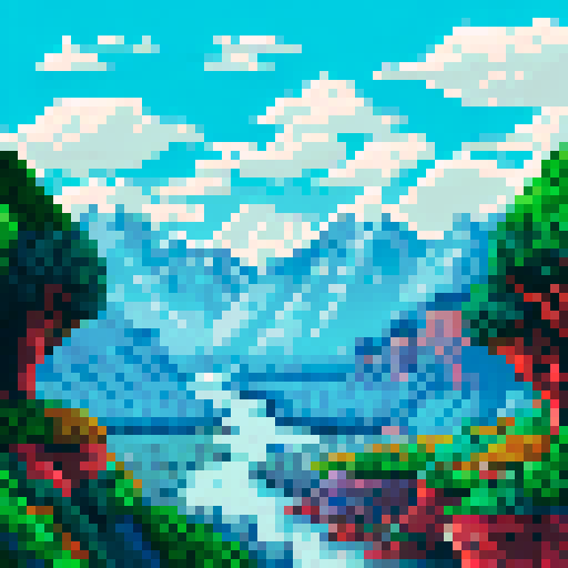 Snow-capped peaks tower over a serene valley, filled with vibrant green trees and a sparkling river, all rendered in a stunningly detailed pixel art style with an sRGB color space