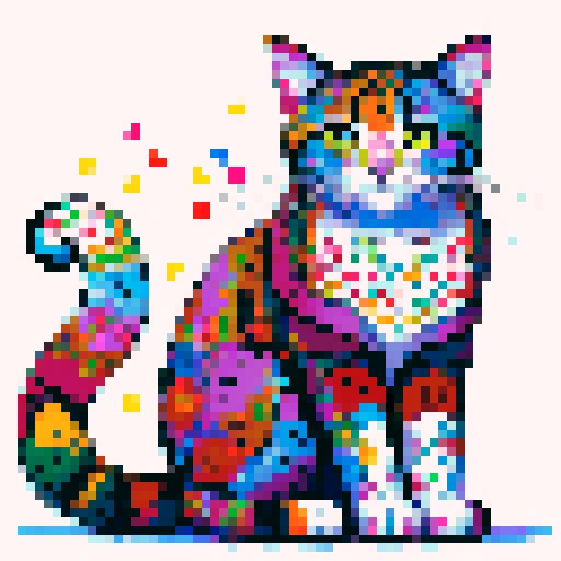 sitting, very colorful cat, with dots, flowers, patterns, white background