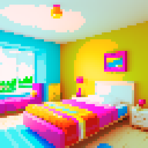 A cozy, colorful child's room with a vibrant, pixel art background, whimsical, toy-filled 