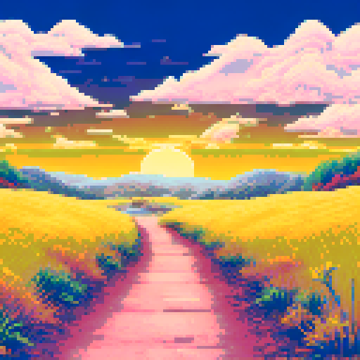 Rolling hills of golden grasses dotted with wildflowers, stretching as far as the eye can see, against a pixelated sRGB background of a pastel sunset sky, creating a serene landscape